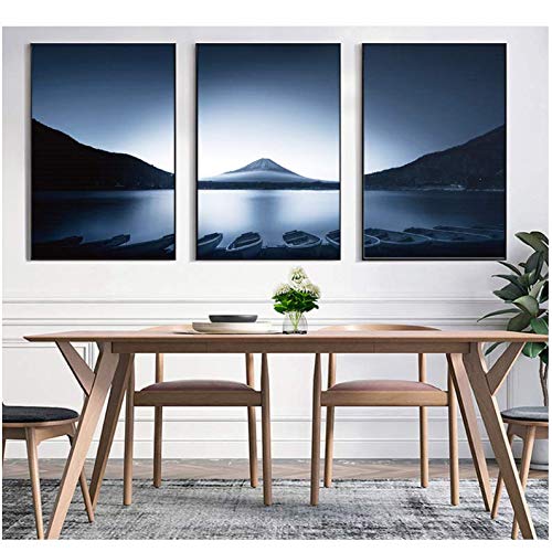 Tableau toile lac et bateau triptyque zen pour chambre zen