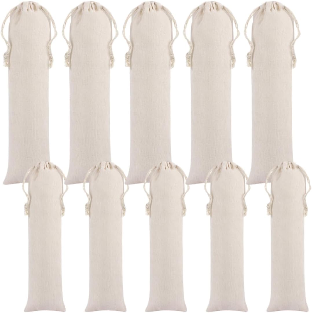 COLLBATH Drawstring Straw Bags Portable Space-saving 10pcs Cotton Linen Tableware Pouches Straw Carrying Cases Simple Design for School and Work