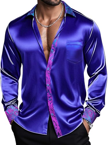 Barry.Wang Teal Blue Men Satin Silk Shirt Long Sleeve Designer Dress Shirt Shiny Untucked Casual Button Down Shirt Party Disco Formal