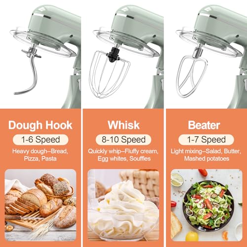 CEBORY 3-IN-1 Electric Stand Mixer, 6.5QT Bowl 660W 10-Speed Kitchen Mixer, Household Food Mixers include Dough Hook, Beater and Whisk, Bread Cake Mixer for Baking and Most Home Cooks, Green - Image 2