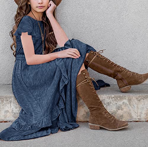 MITILLY Girls Loose Plain 3/4 Sleeve Casual Pocket Ruffle Swing Long Maxi Dress with Belt4