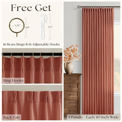 Image of Rust Pinch Pleated Semi Sheer Linen Curtains 96 Inch Long Rustic Drapes | Terracotta, Light Filtering Privacy, Bedroom Living Room, Faux Linen Textured, Hook Rings Memory Shape, Farmhouse Cottage
