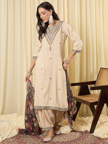 Image of INDO ERA Women's Rayon Viscose Rayon Embroidered Straight Kurta & Salwar with Dupatta Set