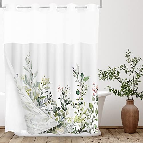 Tititex No Hooks Snap in Liner Green Eucalyptus Leaves Shower Curtain Sets, Hotel Luxury Double Layers Waterproof Fabric & See-Through Top Window Bathroom Decorative 71x71 Inch