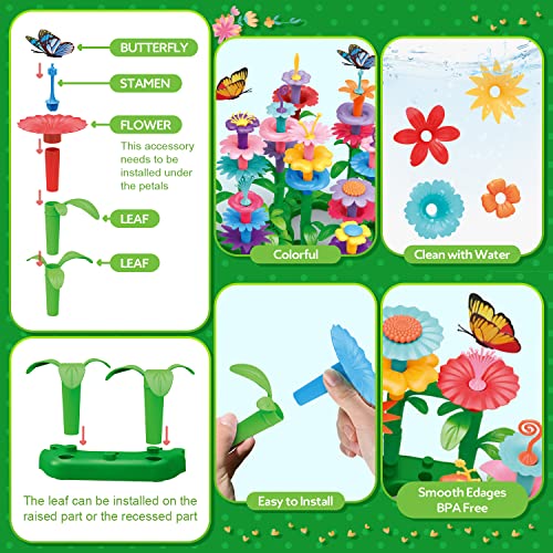 YEEBAY Flower Garden Building Toys for Girls Age 3, 4, 5, 6, 7 Year Old - STEM Gardening Pretend Toys for Kids - Stacking Game for Toddlers Play Set - Educational Activity for Preschool (148 PCS) - Thumbnail 2