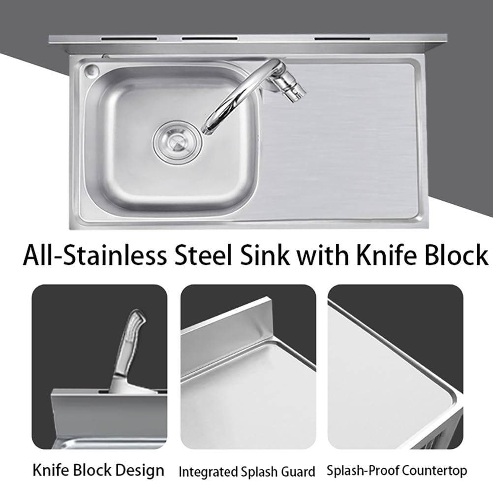 31.5-39.37In Freestanding Utility Sink,Outdoor Stainless Steel Kitchen Sink,with Workbench,Hot And Cold Water Faucet,for Laundry Room Farmhouse Indoor And Outdoor,Silver,90 * 50 * 80cm
