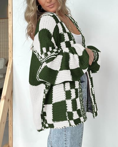 Image of BTFBM Casual Cardigan Sweater for Women Fall 2026 Long Sleeve Open Front Chunky Knit Sweaters Checkered Outwear Coat