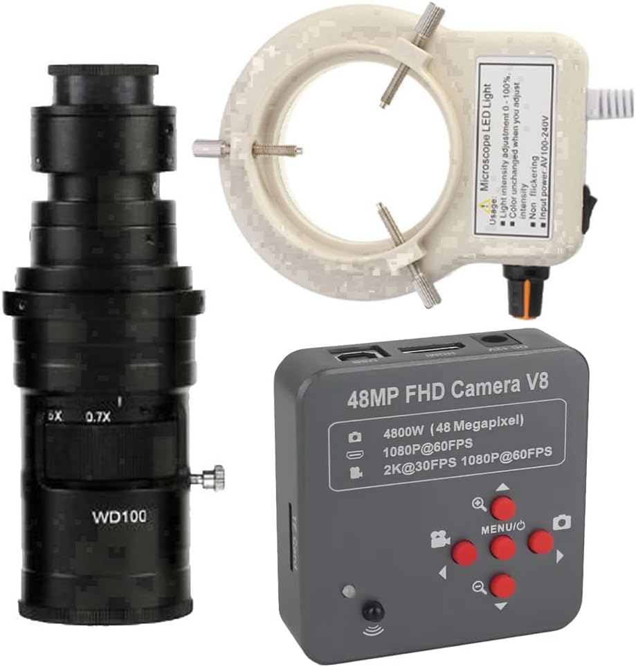 48MP 2K 1080P USB HDMI Industrial Digital Electronic Video Microscope Camera for Phone Soldering Repair & 200X C-Mount Lens Whit 56-LED Adjustable Ring Light