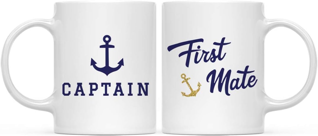 Andaz Press Wedding Party Couple 11oz. Coffee Mug Gift, Captain, First Mate, Nautical Theme Anchor Navy Blue Faux Gold Glitter, 2-Pack, Birthday Bridal Shower Bachelorette Present Ideas