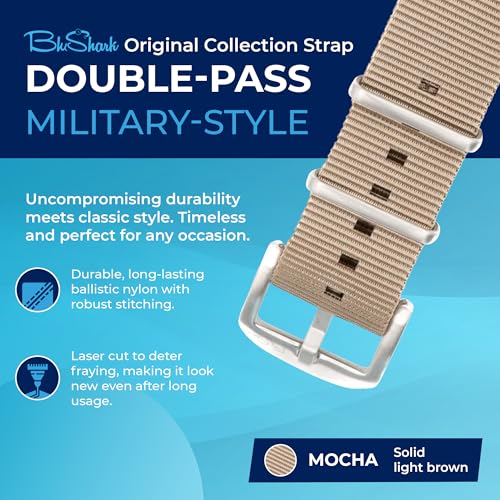 Image of BluShark - Original Collection Military-Style Waterproof Watch Strap, Fits All Timepiece Brands, Durable Nylon Wristwatch Accessories with Stainless Steel Buckle - 18mm, 20mm, 22mm & 24mm Watch Bands