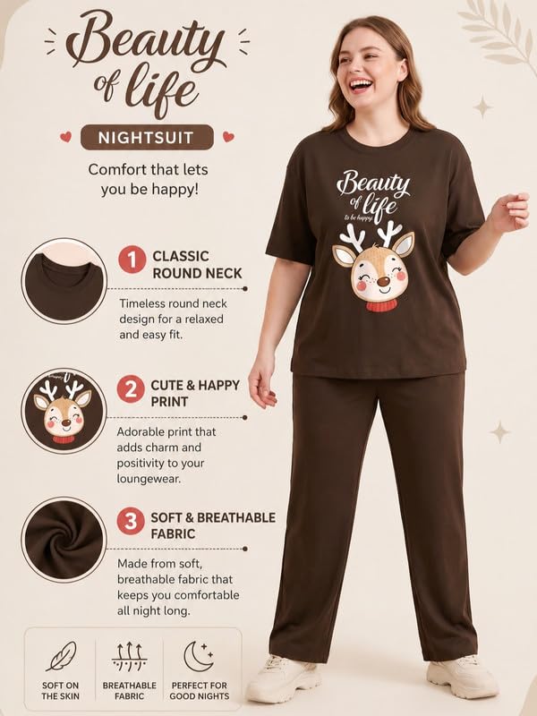 Image of My Swag Womens Cotton Printed Nightsuit Set |T-Shirt & Pajama Pants | Soft Breathable Sleepwear and Loungewear for Women