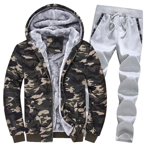 Generisch Chándal para hombre, conjunto largo de forro polar, chándal de gran tamaño, ropa deportiva de dos piezas, ropa de calle de 2 piezas, sudadera con capucha y pantalones de chándal de invierno