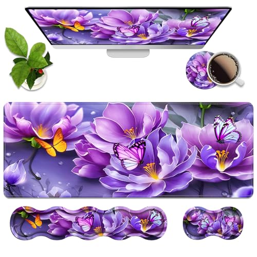 4 in 1 Ergonomic Memory Foam Mouse Pad Wrist Rest Set, Large XXL Gaming Desk Pad + Keyboard Wrist Rest + Mouse Wrist Cushion + Coaster for Home Office Study Gaming, Purple Flowers and Butterfly