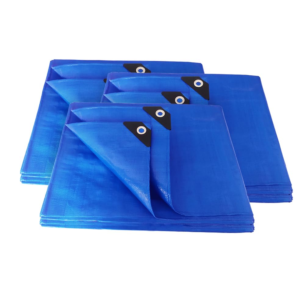 ANSIO Tarpaulin 3m x 4m Pack of 3 Water-resistant Tarp Large Camping Cover Sheet – Multipurpose Groundsheet with UV Protection, Weatherproof & Frost-Resistant – Reinforced Eyelets - Blue — image 1
