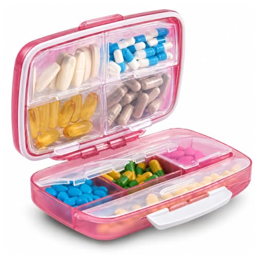 Image of Fullicon Medicine Pill Organizer with Labels, 8 Large Compartments, Travel Pill Organizer for Purse, Double Lids, Easy Open BPA-Free Case, Fish Oil, Vitamins, Capsules, Daily, Work Bag (Pink White)