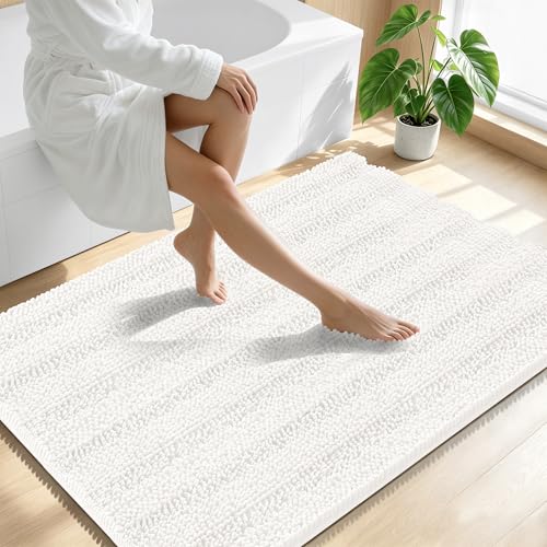 Image of Smiry Thick Chenille Large Bathroom Rugs 47x32, Extra Soft Absorbent Striped Bath Mat, Machine Washable, Rubber Backing, Bath Rugs for Bathroom, Tub & Shower, Home Decor Accessories, Ivory