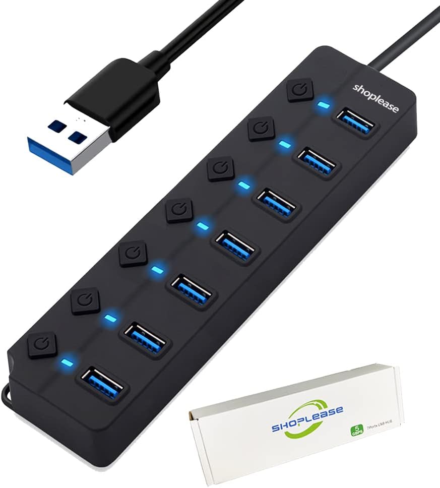 7-Port USB 3.0 Hub with Individual Power Switches and Lights, High-Speed Data Hub Splitter Portable USB Extension Hub for PC Laptop and More (No Power Adapter)