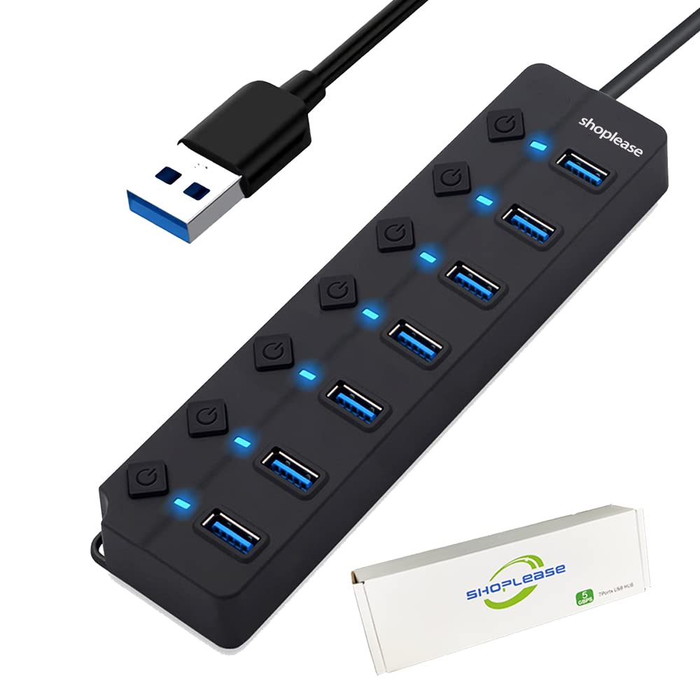 shoplease 7-Port USB 3.0 Hub with Individual Power Switches and Lights, High-Speed Data Hub Splitter Portable USB Extension Hub for PC Laptop and More (No Power Adapter)-image-3
