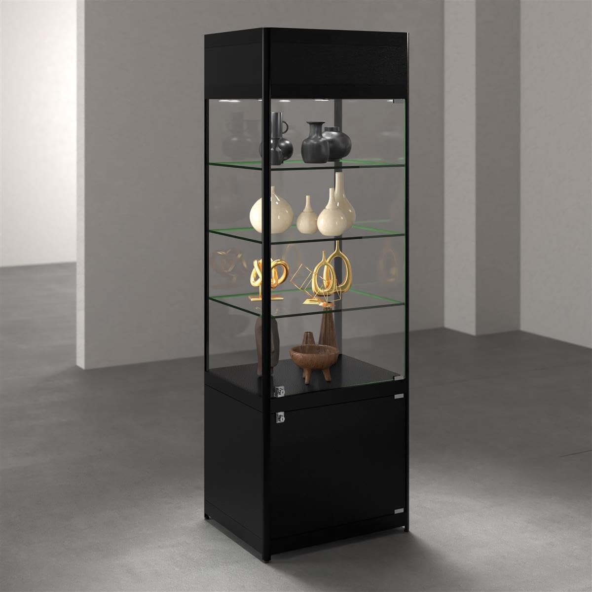 Displays2go 72" Curio Cabinet, 4 Display Levels, LED Top Lighting, Locking Door and Storage Base - Black (SCTWRLD24)