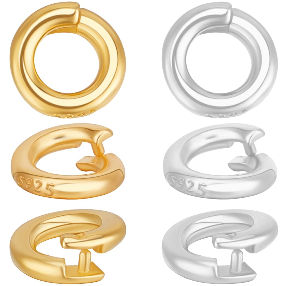 Beebeecraft 1 Box 6Pcs Locking Jump Rings 24K Gold Plated 925 Sterling Silver OD 6mm ID 3mm Round Open Ring Connector Clasp for Necklace Bracelet Jewelry Making DIY Crafts