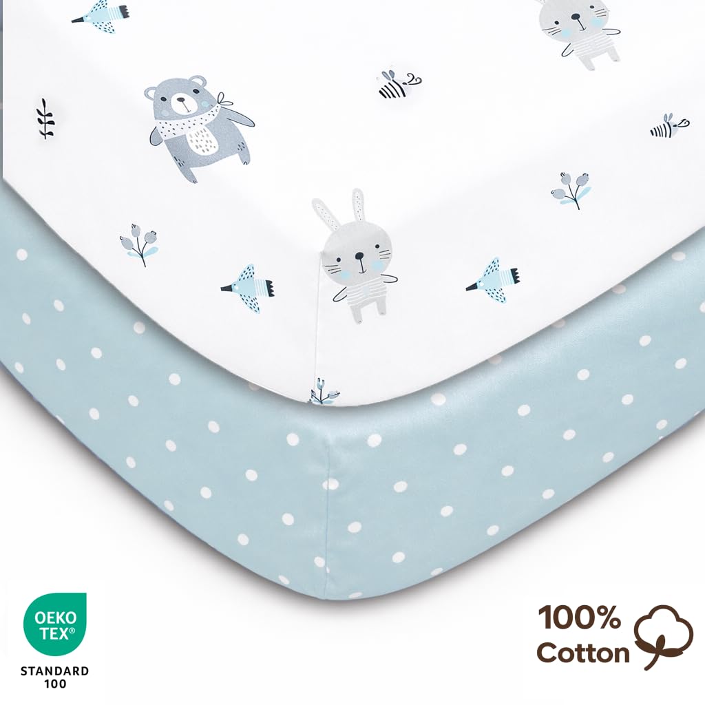 2X Spannbettlaken Kinderwagen 100% Baumwolle + 1X Wasserdichter Matratzenschoner – 3er Set 40x80– Für Stubenwagen & Kinderwagen - Oeko-Tex (Blaue Tiere, 43 x 83 cm)