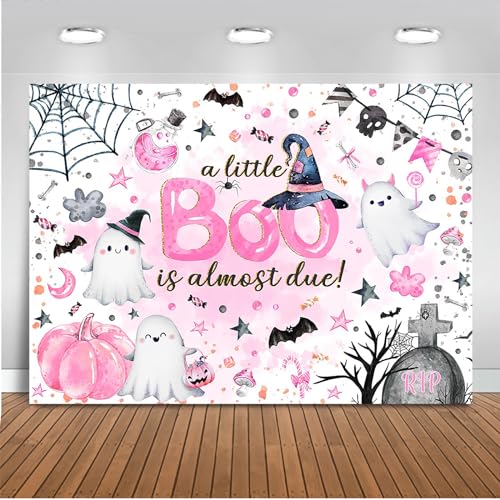 Mocsicka Halloween Baby Shower Backdrop A Little Boo is Almost Due Baby Shower Banner Decorations Cute Ghost Halloween Boo Baby Party Backdground Decorations (Pink, 10x8ft)