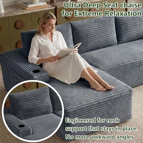 Image of 104.3 inch Modular Sectional Sofa,Modern Corduroy Cloud Couch with Cup Holder & Side Pockets,Boneless Couch Upholstered 3-Seater L-Shaped Sofa for Living Room,No Assembly (Dark Grey, Left-Facing Chaise) | with Cup Holder