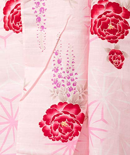 Kimura Jitsugyo Women's Kyoto Traditional Easy Wearing Kawaii Yukata Robe(Japanese Casual Kimono) Pink & Peony Set 2 Large Woman #TOP3