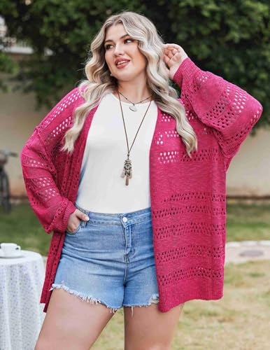 Image of IN'VOLAND Womens Plus Size Crochet Cardigan Lightweight Long Sleeve Open Front Oversized Boho Sweaters Kimonos