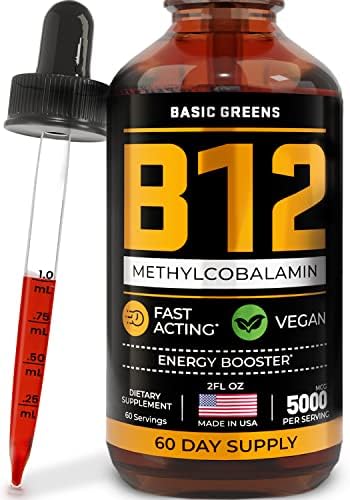 BASIC GREENS Vitamin B12 Sublingual (Vegan) 2 Fl Oz - Methylcobalamin B12 Vitamins 5000 mcg, B12 Liquid, Liquid B12, B12 Drops, B-12 Vitamin Natural Cherry Flavor
