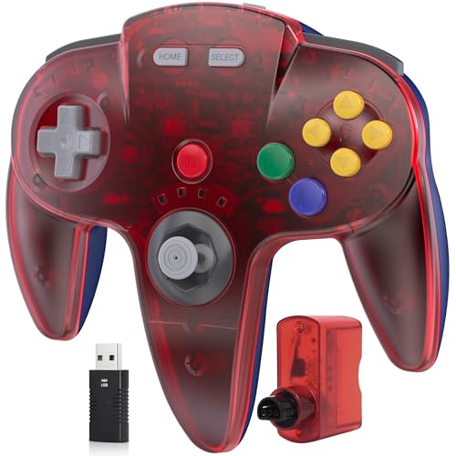 Image of 2.4 GHz Wireless N64 Switch Online Controller, USB Receiver & N64 Receiver, Compatible with Windows PC Laptop iOS Mac Raspberry Pi, N64 / Switch Online /NSO - (Rechargeable) (Plug and Play) Clear Red