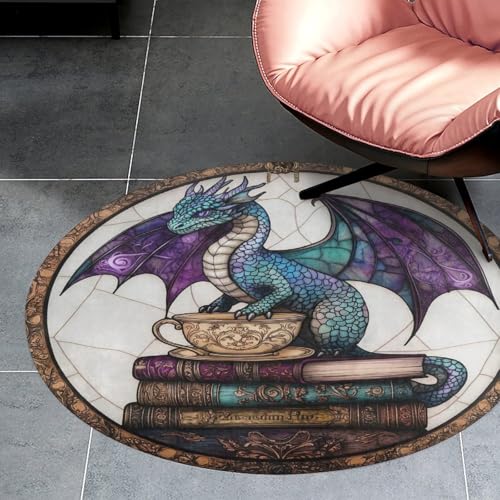 Tapis rond dragon vintage de 90 cm antidérapant style moderne - 3