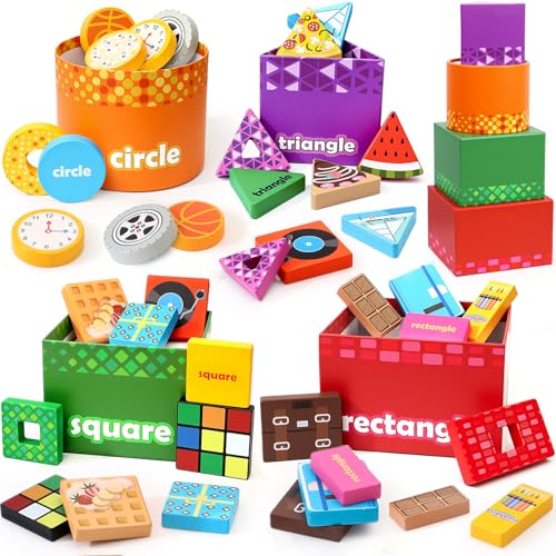 Atoylink Jouet Bebe à Empiler et de Tri, Jouet Montessori en Bois avec 4 Formes de Boîtes & 24 Blocs de Construction, Jeux Montessori Educatif Enfant, Apprendre Les Formes Jouet Cadeau pour Bebe