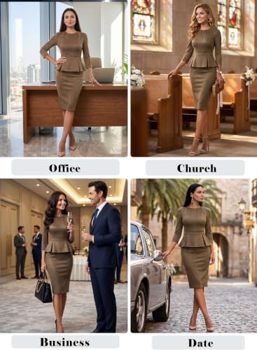 Image of VFSHOW Womens Pleated Crew Neck Peplum Slim Work Business Bodycon Dress | 3 /4 Sleeves, Professional Elegant Church, Funeral, Spring Fall, Fitted Office Pencil Sheath Dress