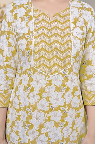Image of MIRCHI FASHION Women's Straight Fit Pure Cotton Sequins Thread Work Leaf Printed Kurta Set with Dupatta and Trouser