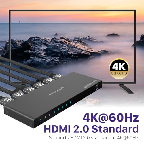 Image of Fosmon 5 in 1 Out 4K HDMI 2.0 Switch (4K@60Hz) with Remote 18Gbps Splitter | 5-Port 4K HDMI Switcher with remote supports High Speed 18Gbps HDR HDCP 2.2 auto-switching Splitter Hub for PS5 Xbox TV PC.