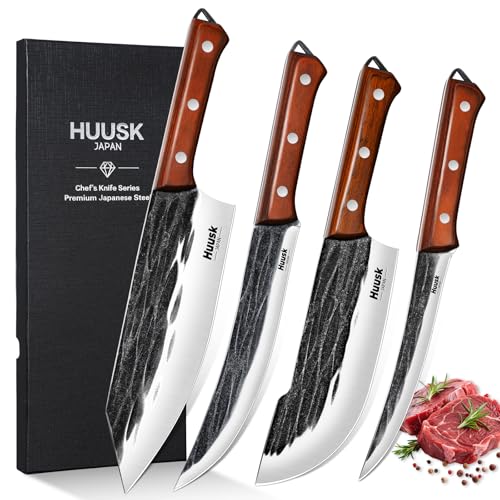Comparison: Best Knife For Bbq Meat 11 Huusk Butcher Knife Set, 4 PCS Hand Forged BBQ Knife Set for Meat Cutting, Sharp Meat Carving Breaking Knives with Ergonomic Handle, Gift for Men Women
