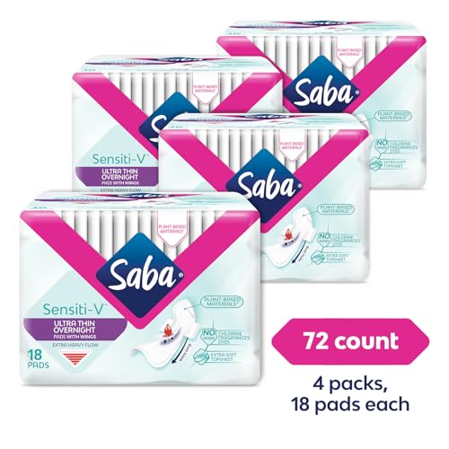 Image of Saba Sensiti-V Ultra Thin Overnight Sanitary Napkin Pads with Wings, 4-Pack of 18 Pads (72 Count)