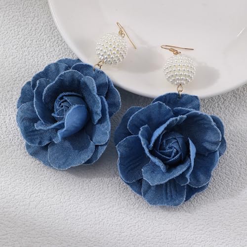 Denim Hoop Earrings for Women Boho Flower Dangle Hook Long Earrings Simple Exaggerated Big Circle Round Statement Earring Denim Dress Shirt Outfit4