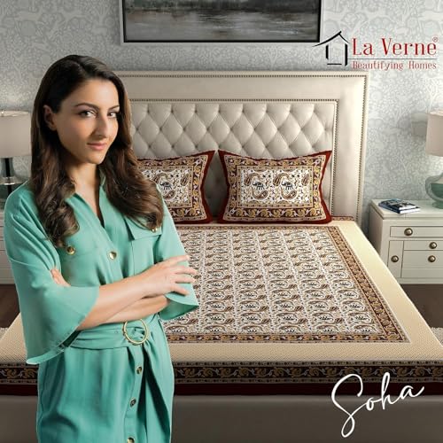 Image of La Verne 104 TC Cotton Double Bed Bedsheet Jaipuri Rajasthani Print Bedsheet with 2 Pillow Covers (Red)