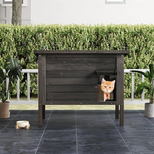 COSTWAY Katzenhaus Outdoor Winterfest, Katzenhütte für Winter, Holz, Katzenhöhle mit Schaumisolierung & Dach & PVC-Tür & Trennwand, für Außenbereich Innenbereich, 88 x 55 x 69 cm, Schwarz