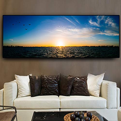 Peinture toile paysage nordique mer coucher de soleil grand format 70x140