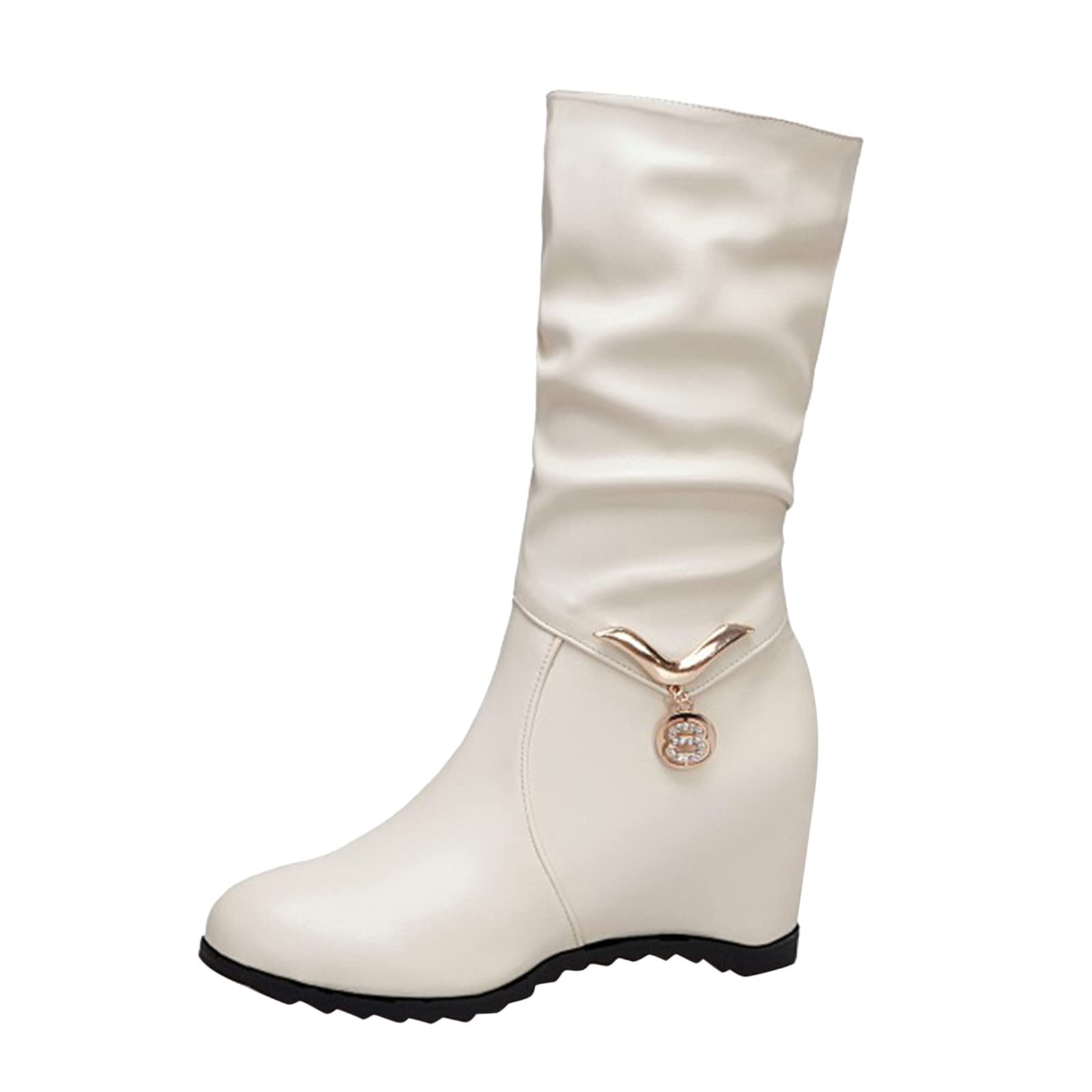 Ladies Fashion Solid Color Leather Surface Metal Decoration Inner Heightening Medium Boots Flat Thigh High Boots for Women Wide Calf