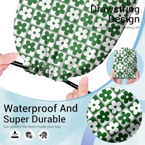 Image of Green Checkered Floral Grip Bag for Gymnast Adjustable Gymnastics Drawstring Bag Storage Pouch