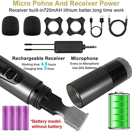 ALLWIN Wireless Microphone, Professional Dual UHF Cordless Microphone Wireless mic System for Karaoke and Parties, Rechargeable Receiver for Voice Amplifier, Works for Church, Wedding(Black)