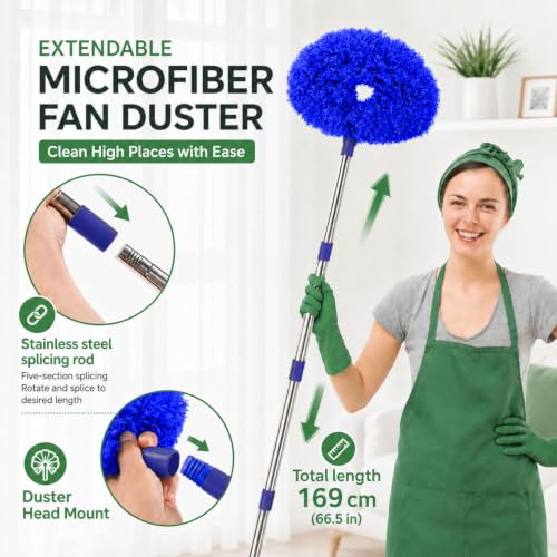 Image of Maxoshine Fan Cleaner Brush with Long Rod Flexible Fan Cleaning Mop Microfiber Dust Cleaner Foldable Duster Microfiber Duster for Cleaning of Home, Kitchen, Car (Dark-Blue)