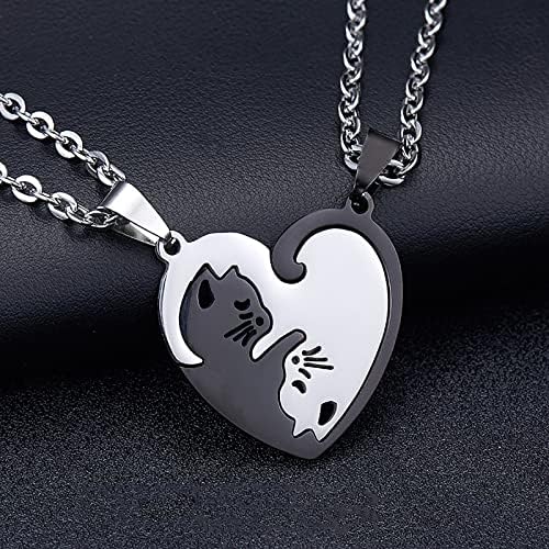 Heart Pendant Necklace for Best Friend Couples Pendants Necklaces Stainless Steel Pendant Love Friendship Jewellery for Women His and Hers Graduation Birthday Lovers Valentines Gifts(Yin Yang Cat)