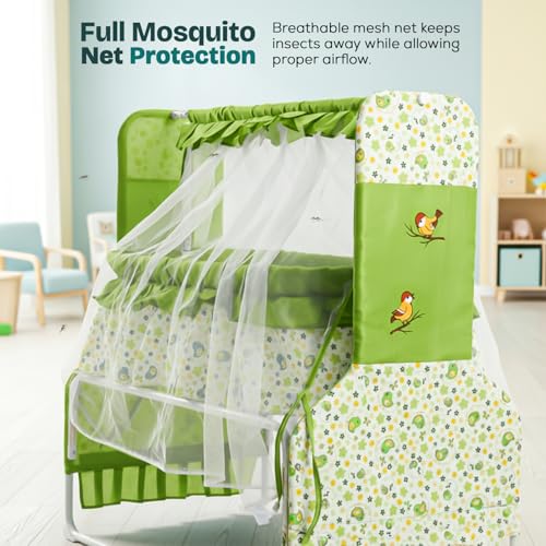 Image of BAYBEE Baby Cradle and Swing for Newborn Babies with Mosquito Net, Portable Jhula with 360 Wheel Lock, Sleeping Swing Bassinet, Uyyala Palna for 0-12 Months Boys & Girls (Green)