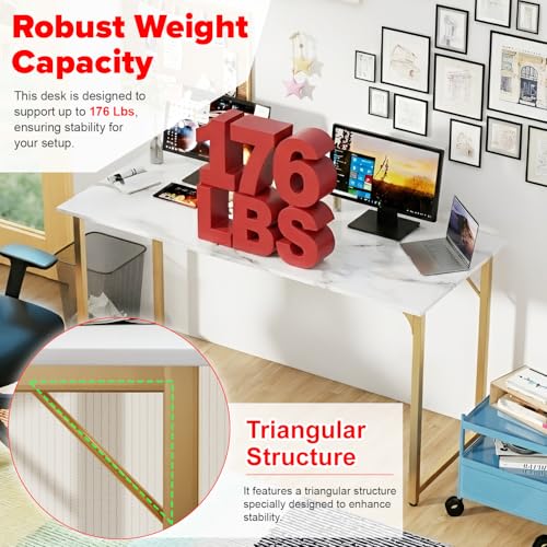 Image of PayLessHere | 55 Inch Computer Desk | White Gold | Office Desk with Metal Frame, Adjustable Feet | Water-Resistant, Scratchproof Surface | Sturdy Writing Table for Home Office or Study | Pack of 1