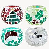 4 PCS Mosaic Glass Tealight Votive Candle Holders - Red & Green Christmas Table Centerpiece Decorations for Indoor/Outdoor Holiday Decor